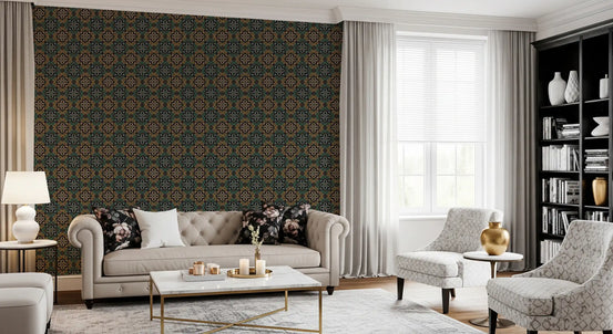 Rustic wallpaper behind a tufted beige sofa, gray armchairs and black bookcase GD13595