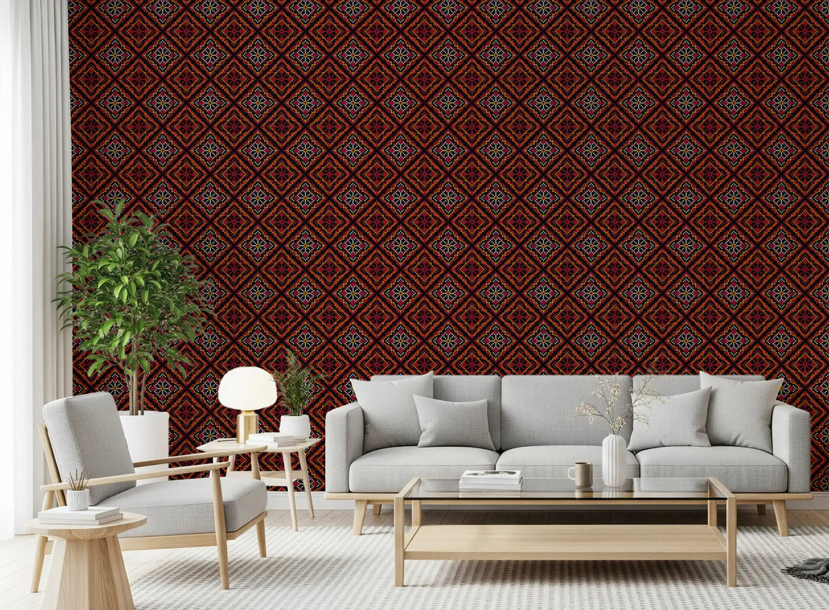 Dark Ethnic Mosaic Grid Motif Wallpaper⁠