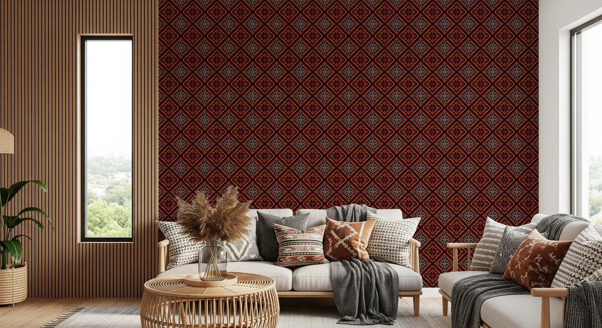 Dark Ethnic Mosaic Grid Motif Wallpaper⁠