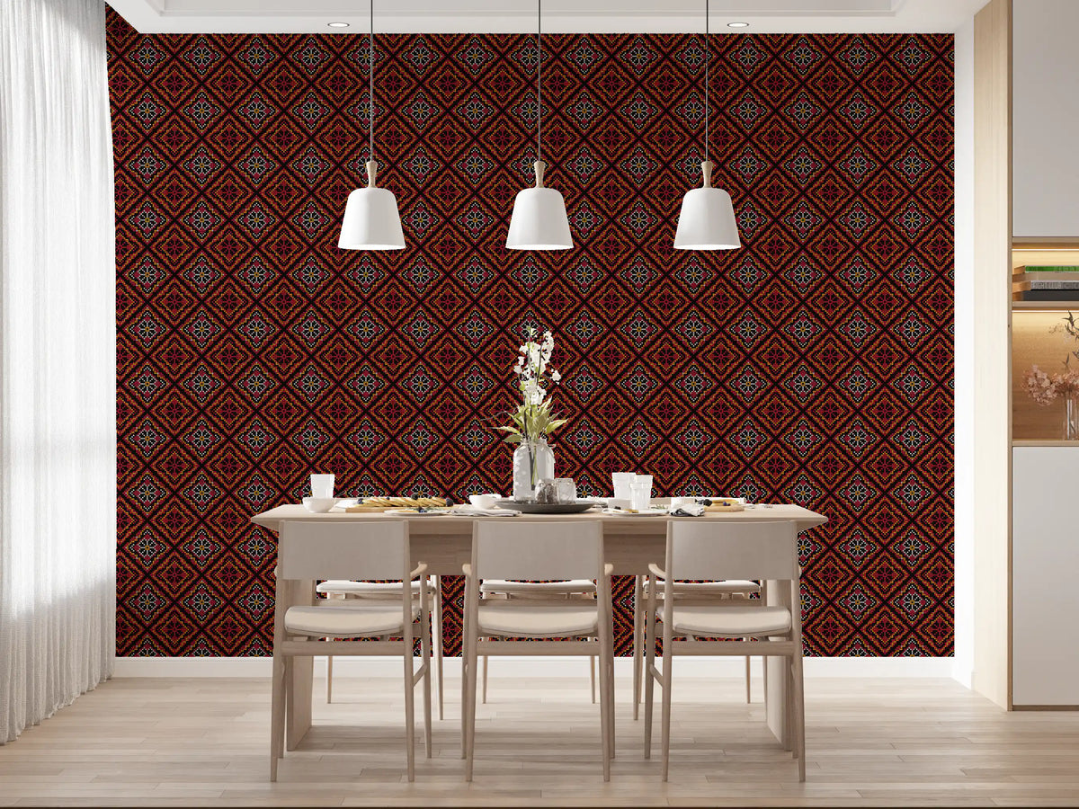 Dark Ethnic Mosaic Grid Motif Wallpaper⁠