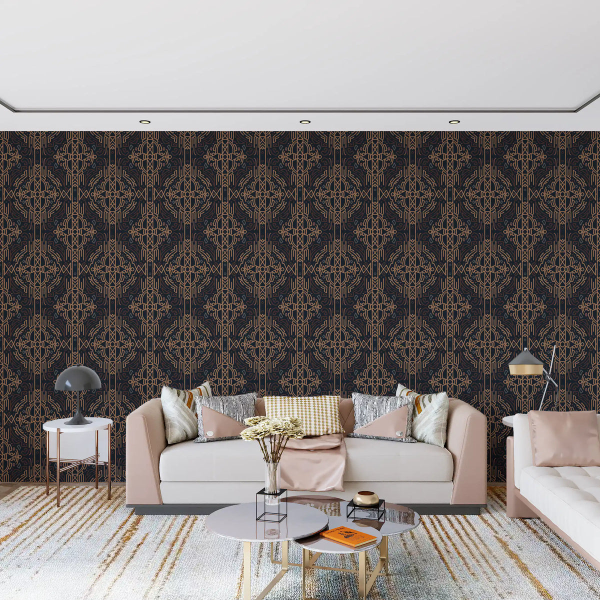 Aztec wallpaper behind a blush sofa, round glass coffee tables and striped rug GD13598