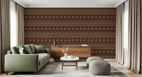 Living room with green sofa and wood sideboard against brown tribal wallpaper stripes GD13601