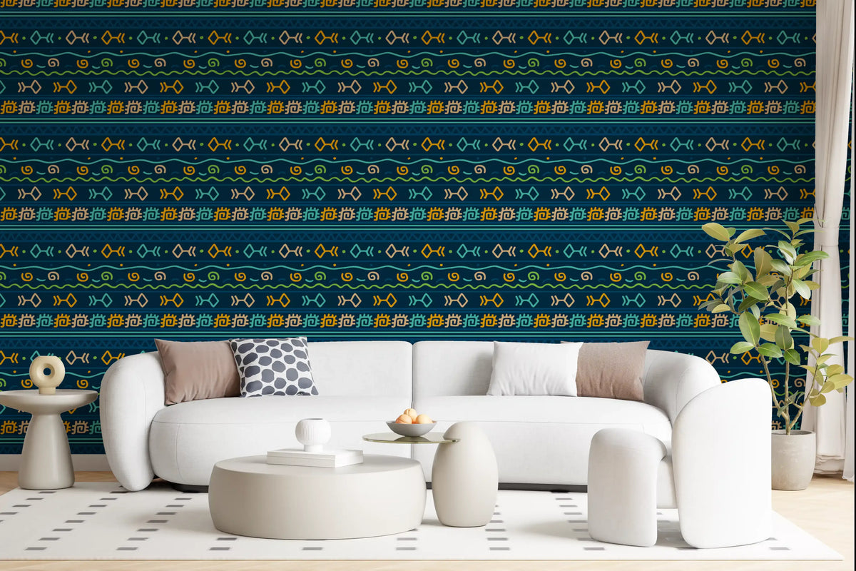 Tribal Indigo Patterned Motif Wallpaper⁠