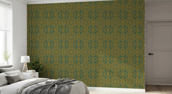 Eclectic wallpaper in a bedroom with grey bedding and soft window light near a white door GD13607