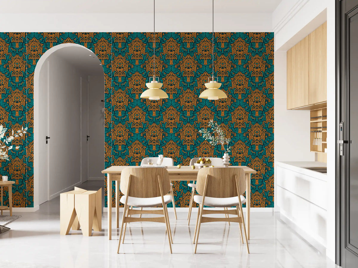 Tribal wallpaper in a dining area with wood chairs, arched doorway and brass pendants GD13609