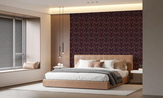 Owl wallpaper in plum and brick red behind a tan upholstered bed in a calm bedroom GD13612