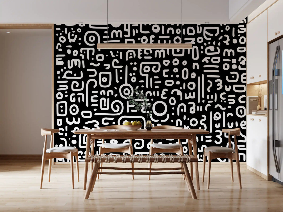 Monochrome Geometric Doodle Symbols on Black Wall Mural
