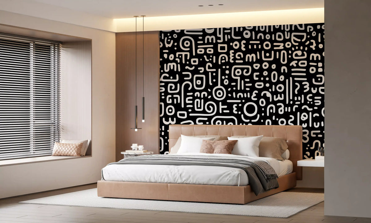 Monochrome Geometric Doodle Symbols on Black Wall Mural