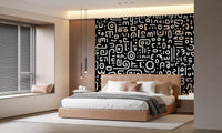 Monochrome Geometric Doodle Symbols on Black Wall Mural
