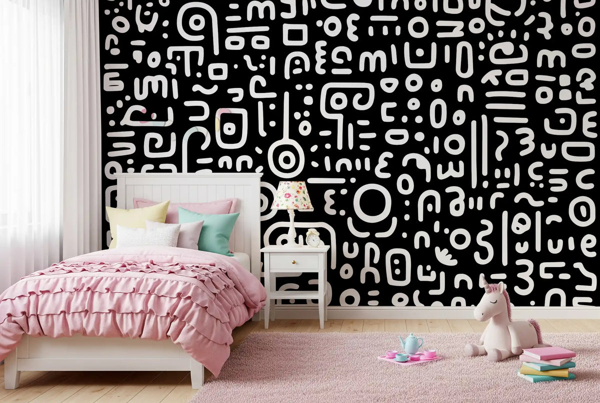 Monochrome Geometric Doodle Symbols on Black Wall Mural