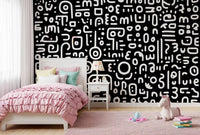 Monochrome Geometric Doodle Symbols on Black Wall Mural