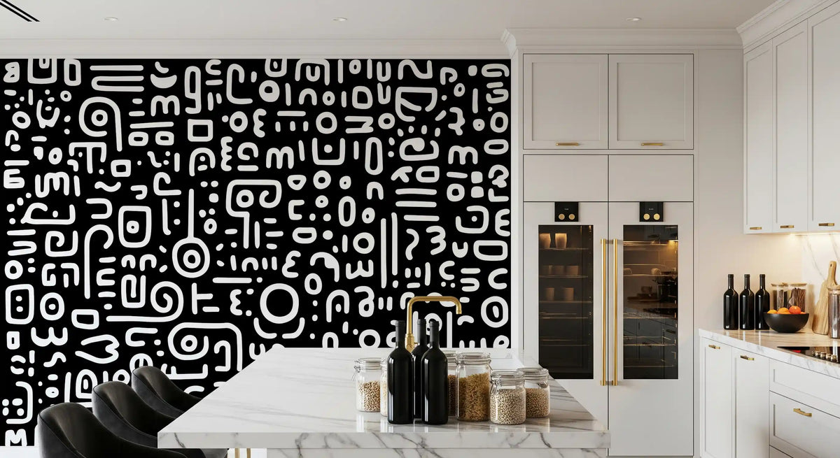 Monochrome Geometric Doodle Symbols on Black Wall Mural