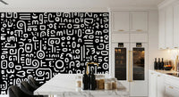 Monochrome Geometric Doodle Symbols on Black Wall Mural