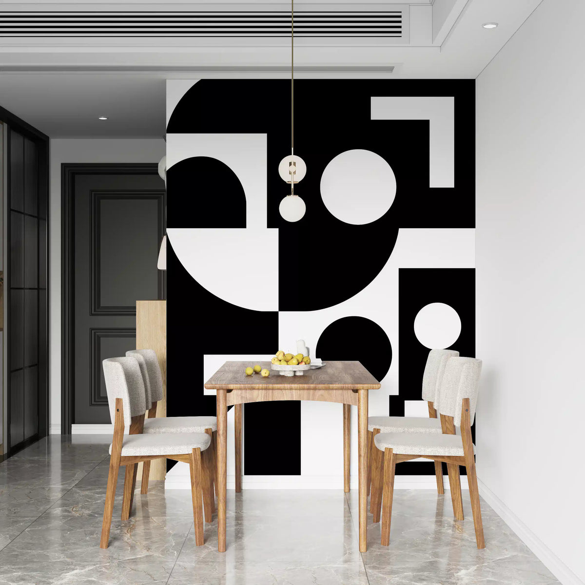 Dining room with a wooden table and white chairs against a black and white geometric wallpaper mural GD13626