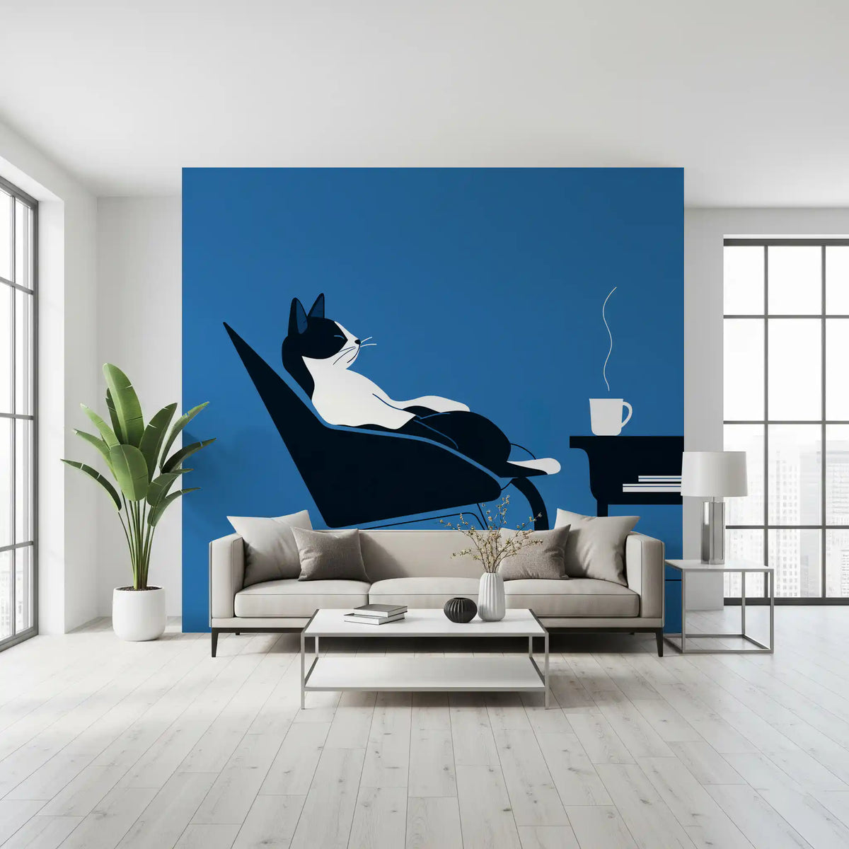 Minimalist Feline Coffee Break Wall Mural