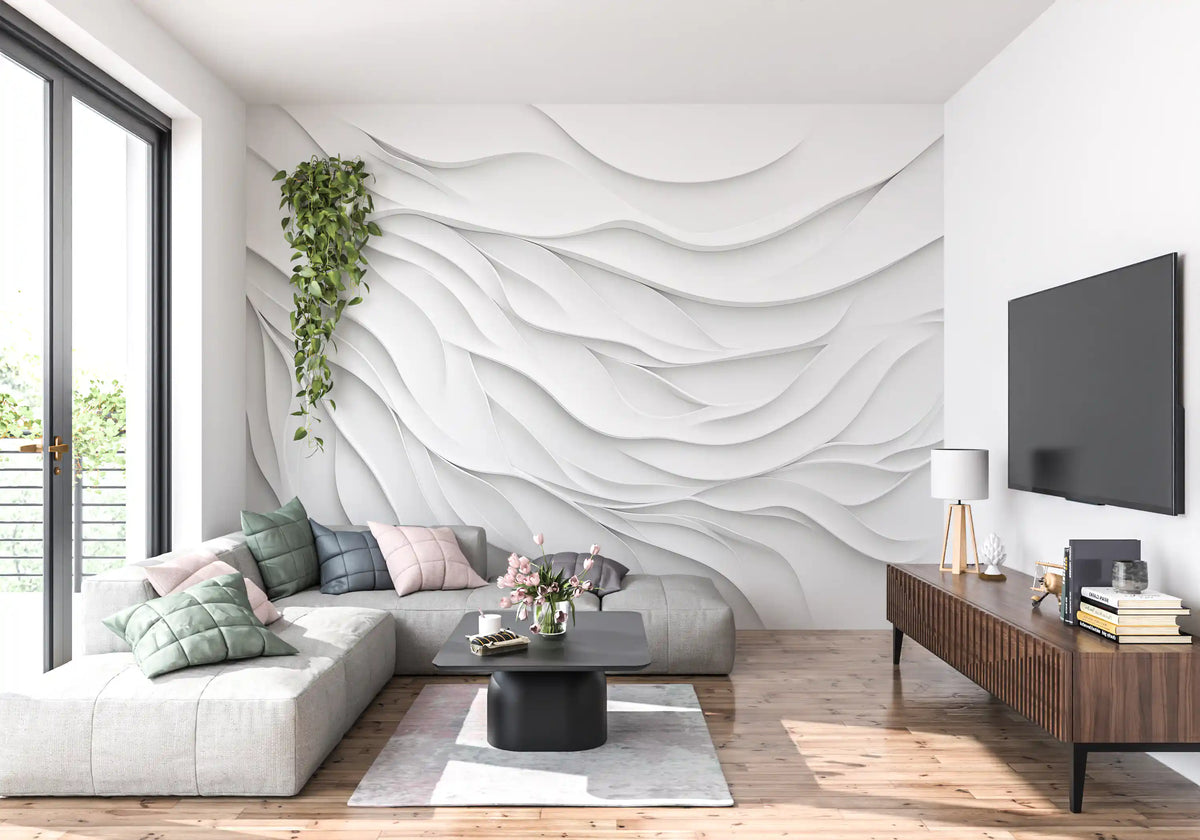 Minimalist White Fluid Waves Wall Mural
