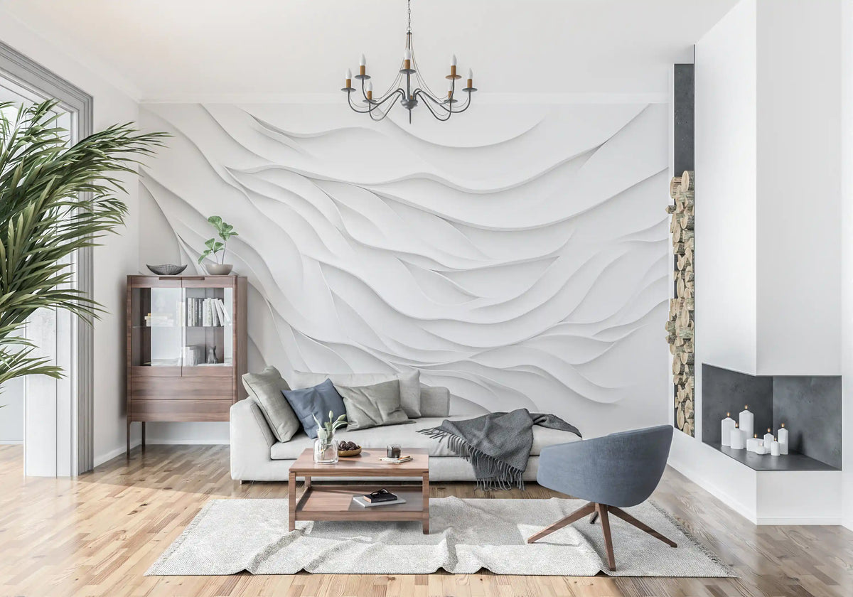 Minimalist White Fluid Waves Wall Mural