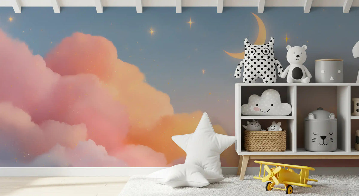 Starlit Pastel Clouds and Moon Horizon Wall Mural