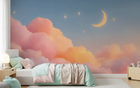 Starlit Pastel Clouds and Moon Horizon Wall Mural