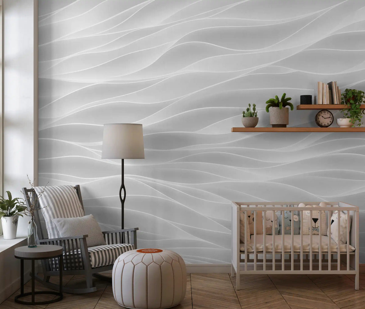 Minimalist wallpaper in a nursery with a crib, gray rocking chair and wall shelf GD13643