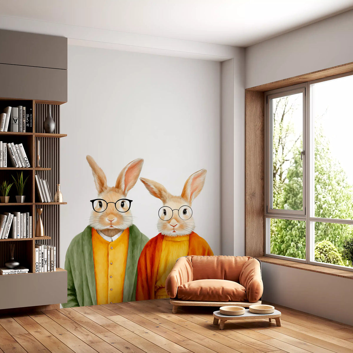 Whimsical Rabbits in Cardigans Wall Mural