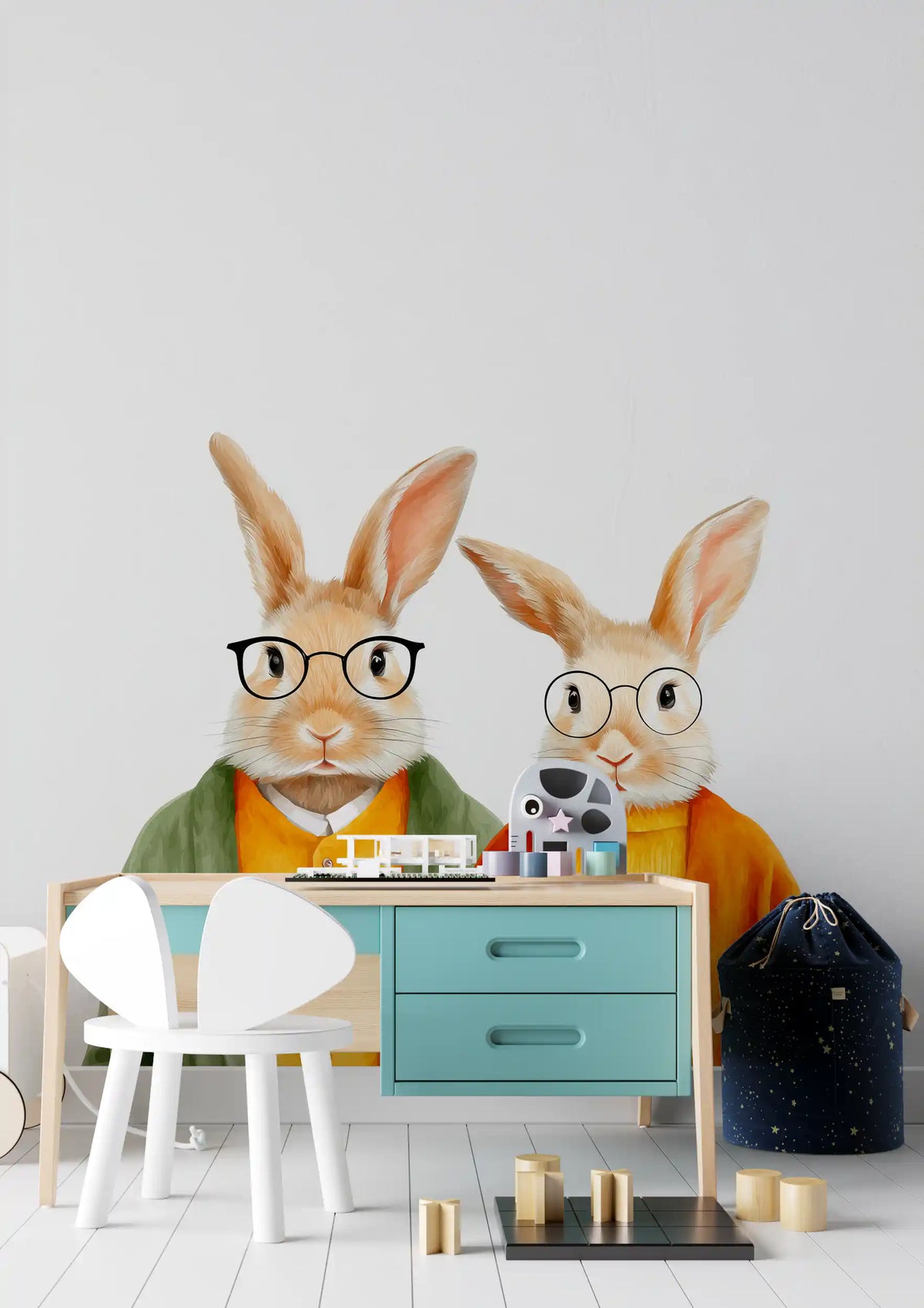 Whimsical Rabbits in Cardigans Wall Mural