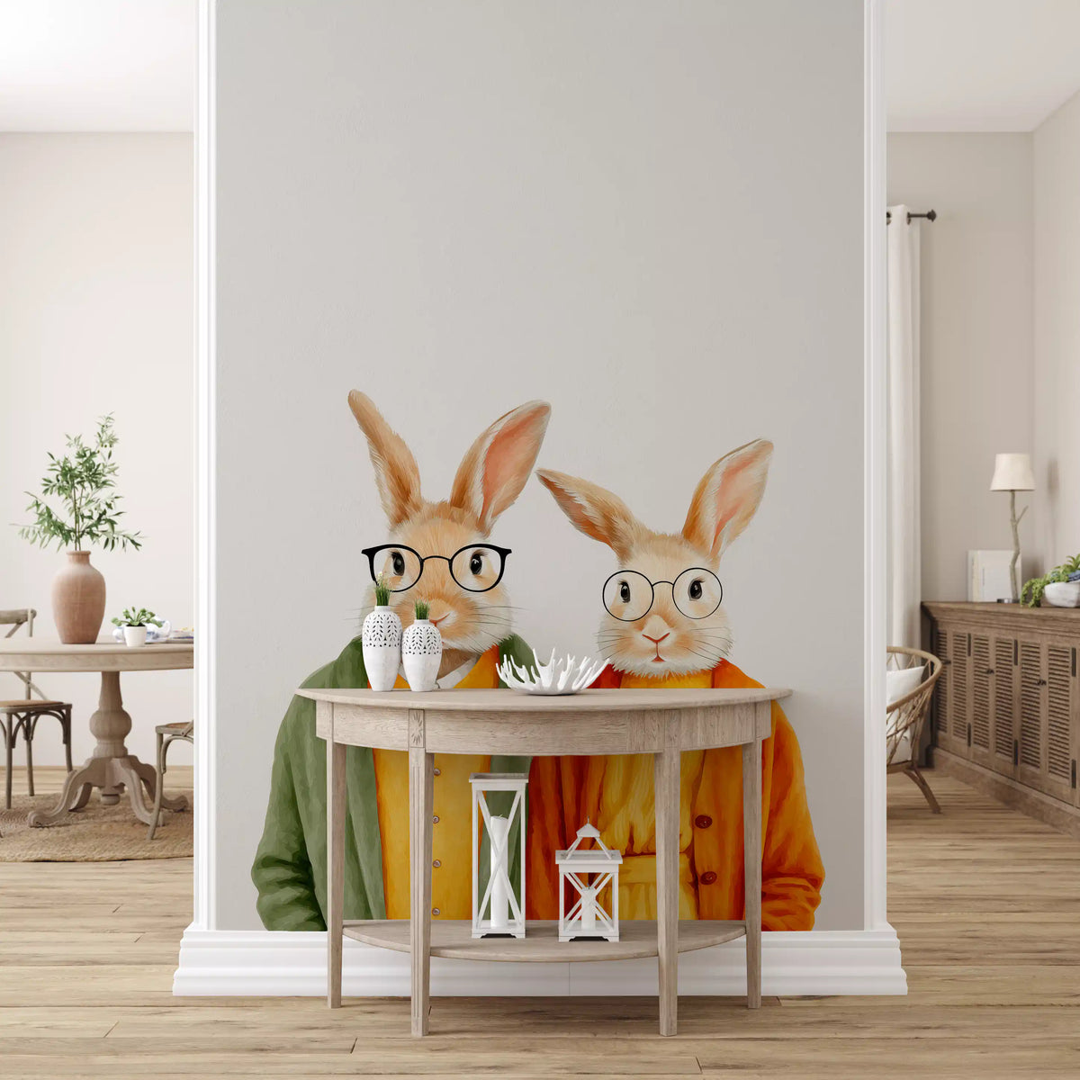 Whimsical Rabbits in Cardigans Wall Mural