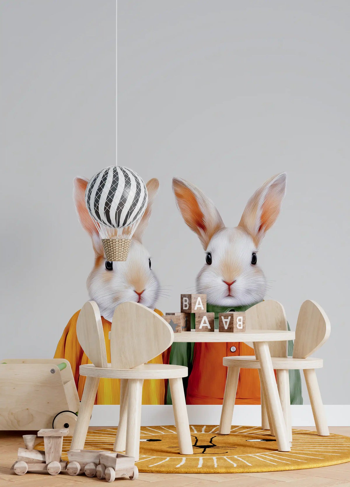 Bunny wallpaper mural in a playroom with bunny-ear chairs, letter blocks and balloon mobile GD13648