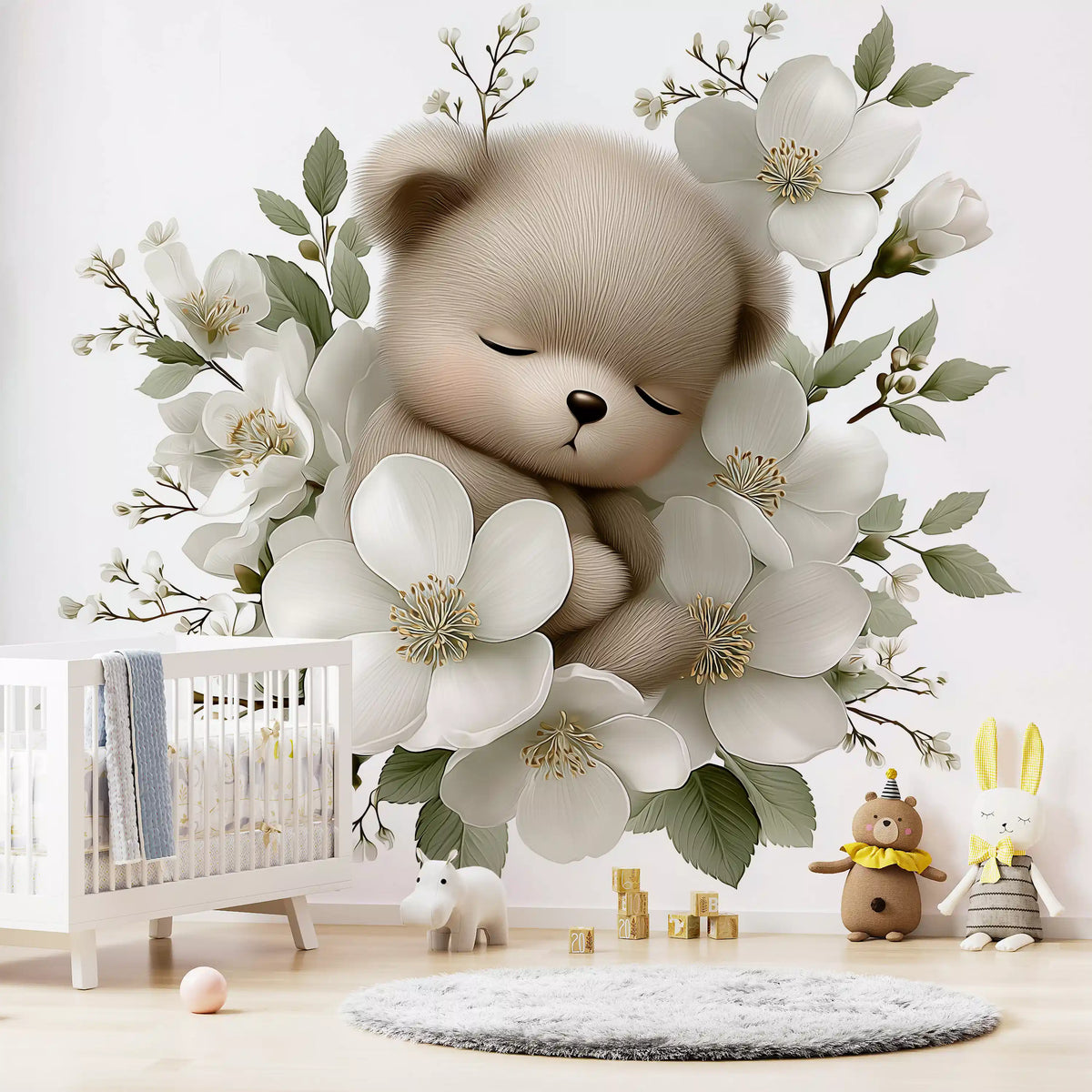 Sleeping Bear in White Blossom Wall Mural