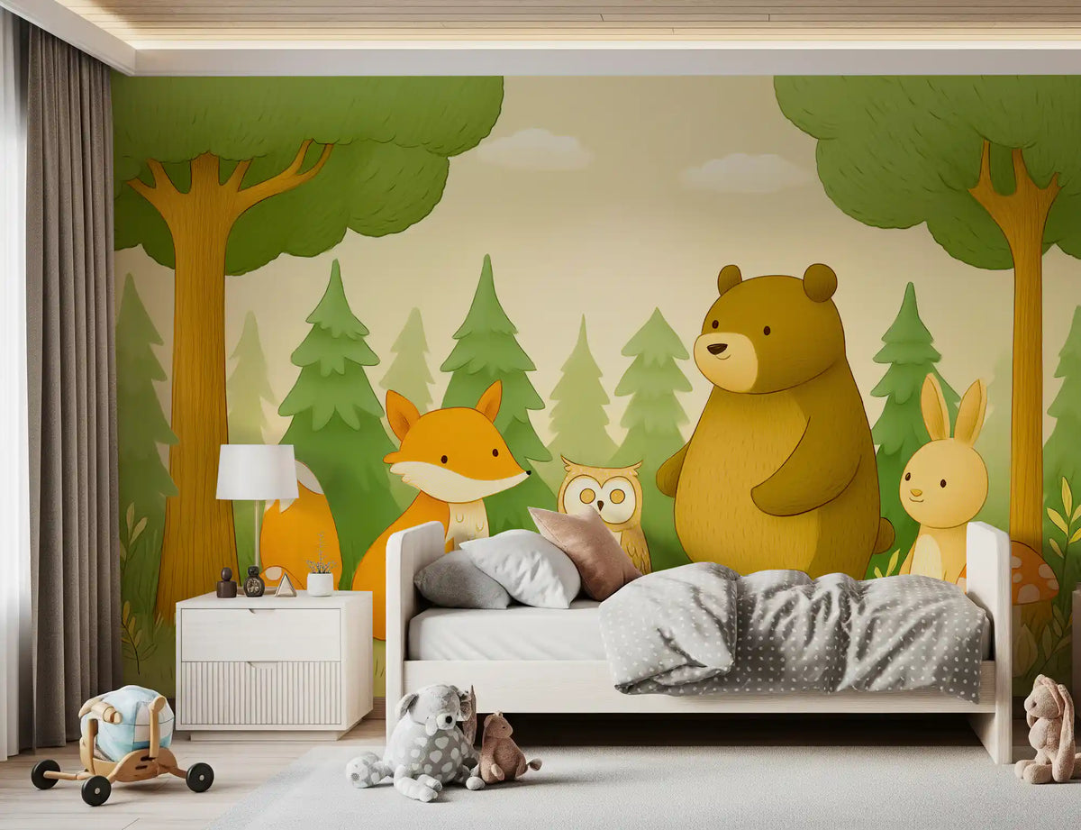 Forest wallpaper mural behind a white daybed with gray bedding, nightstand lamp and plush toys GD13656