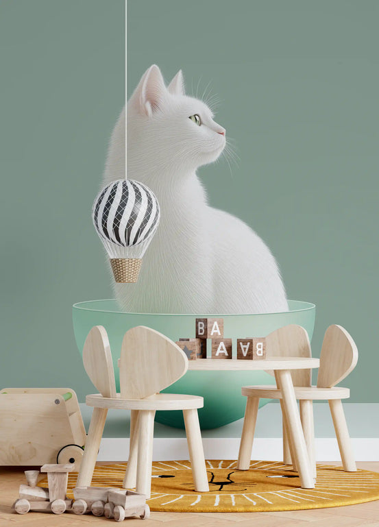 Cat wallpaper mural in a kids playroom with wooden bunny chairs, small table and yellow rug GD13659