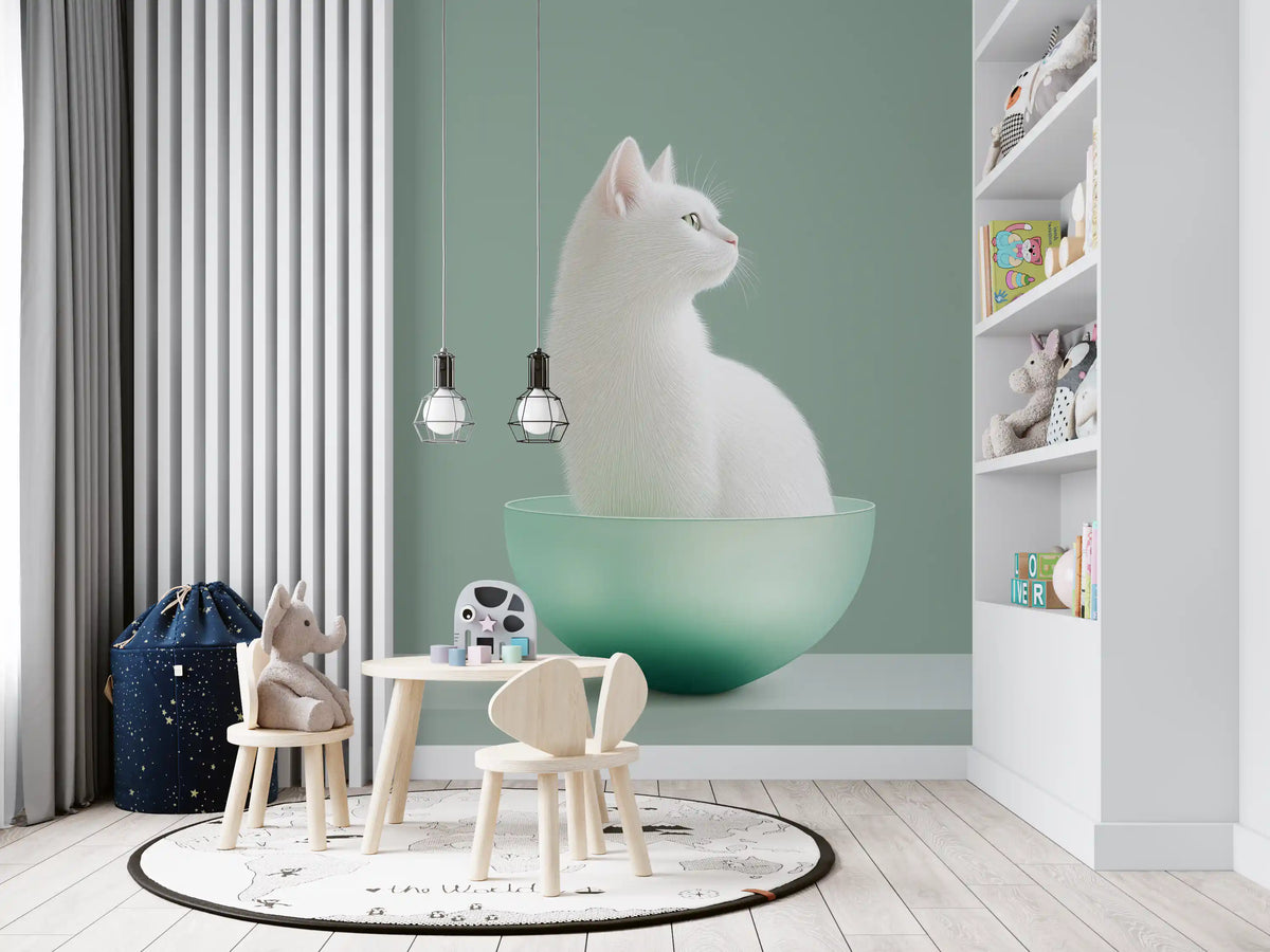 Minimalist White Cat in Mint Bowl Wall Mural