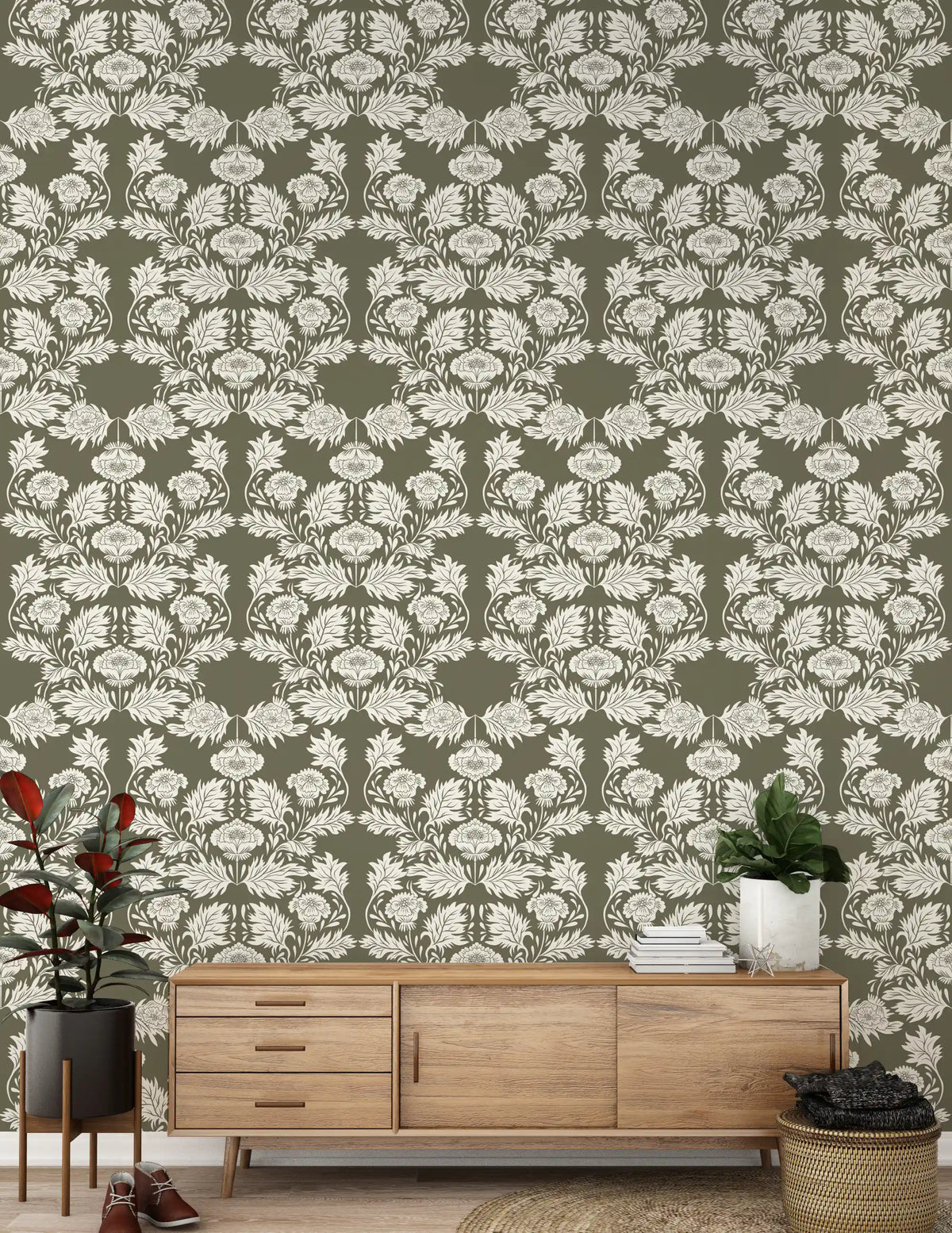 Muted Sage Traditional Floral Pattern Wallpaper⁠