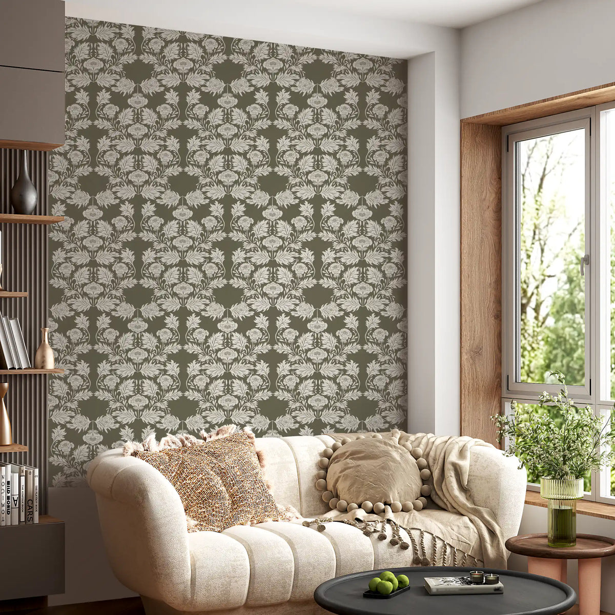Muted Sage Traditional Floral Pattern Wallpaper⁠