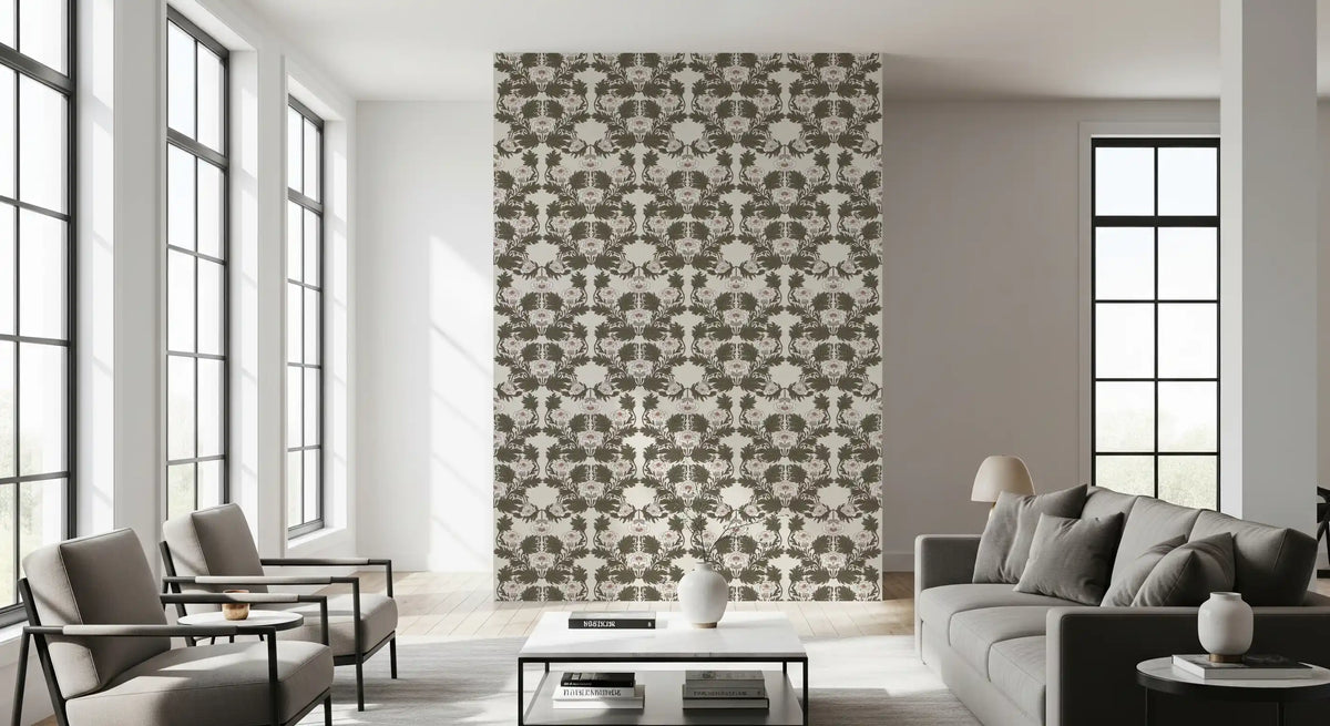Symmetrical Sage Foliage and Peony Illustration Wallpaper⁠