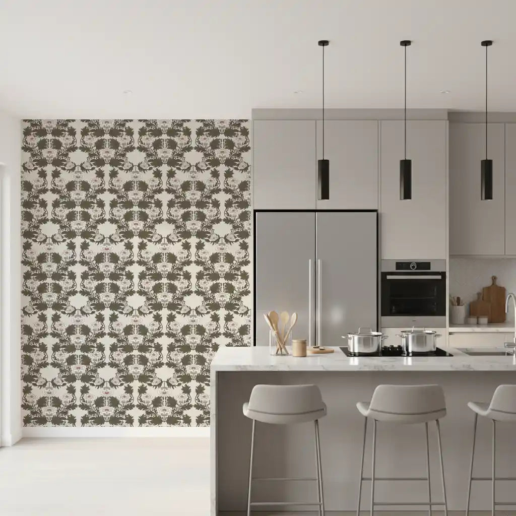Symmetrical Sage Foliage and Peony Illustration Wallpaper⁠