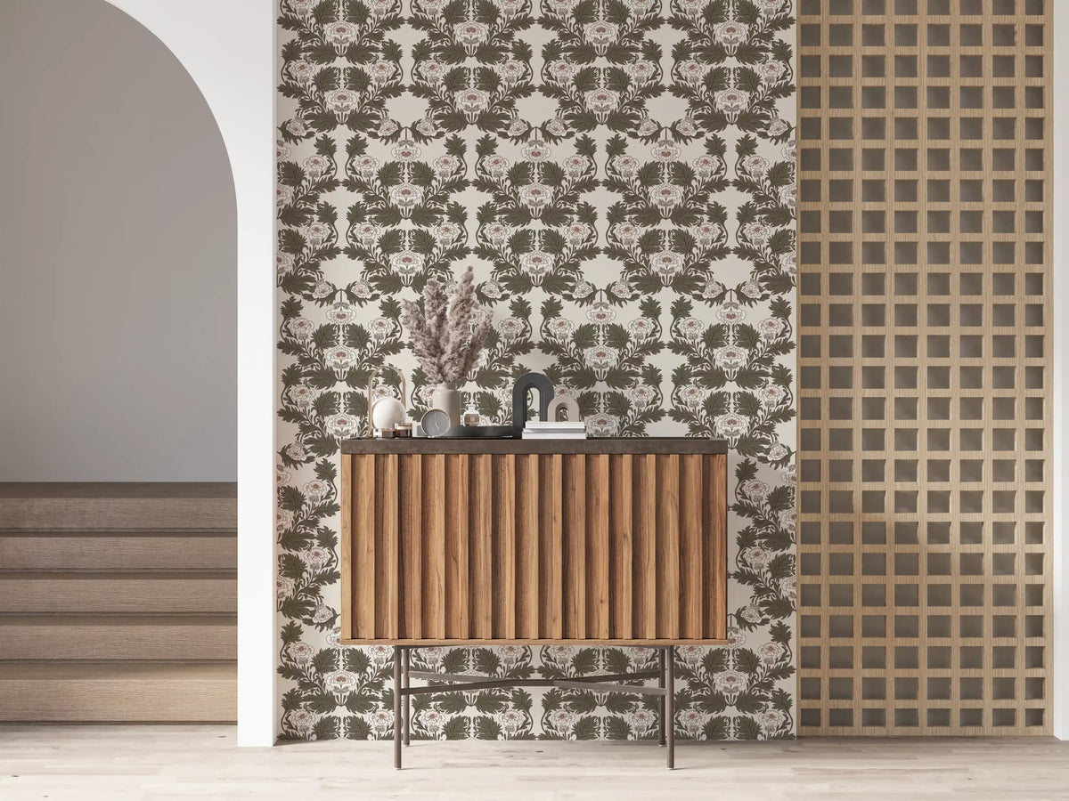 Symmetrical Sage Foliage and Peony Illustration Wallpaper⁠