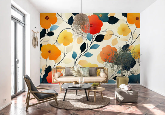 Floral wallpaper mural in a living room with beige sofa, black lounge chair and woven pendant GD13666