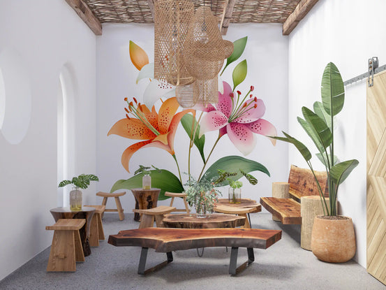 Watercolor wallpaper of lilies in a rustic lounge with live-edge wood table and woven pendants GD13667