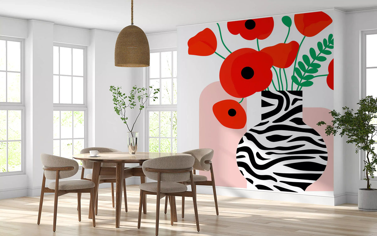 Abstract Poppies in Zebra Print Vase Wall Mural