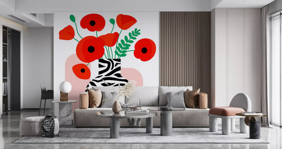 Floral wallpaper mural of red poppies behind a gray sofa with wood slat panel and glass tables GD13668
