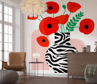 Abstract Poppies in Zebra Print Vase Wall Mural