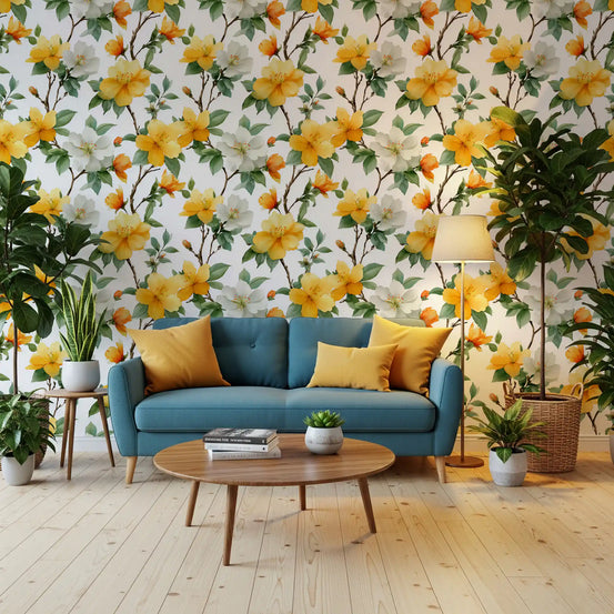 Watercolor wallpaper behind a blue sofa with mustard cushions and an oval wood coffee table GD13670