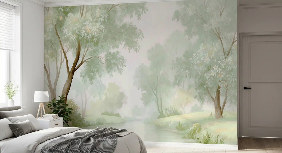 Misty Morning Riverside Forest Wall Mural