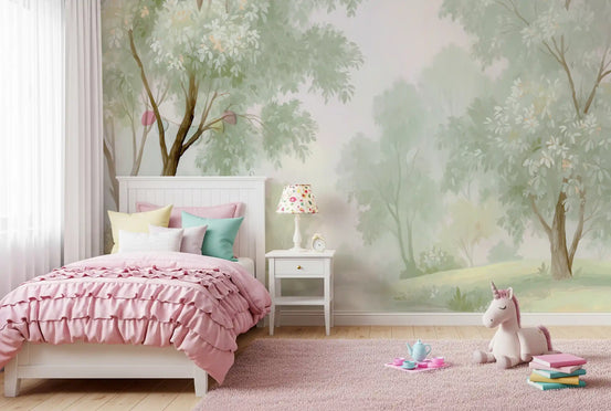 Forest wallpaper mural in a girls bedroom with pink ruffled bedding and a unicorn toy GD13674