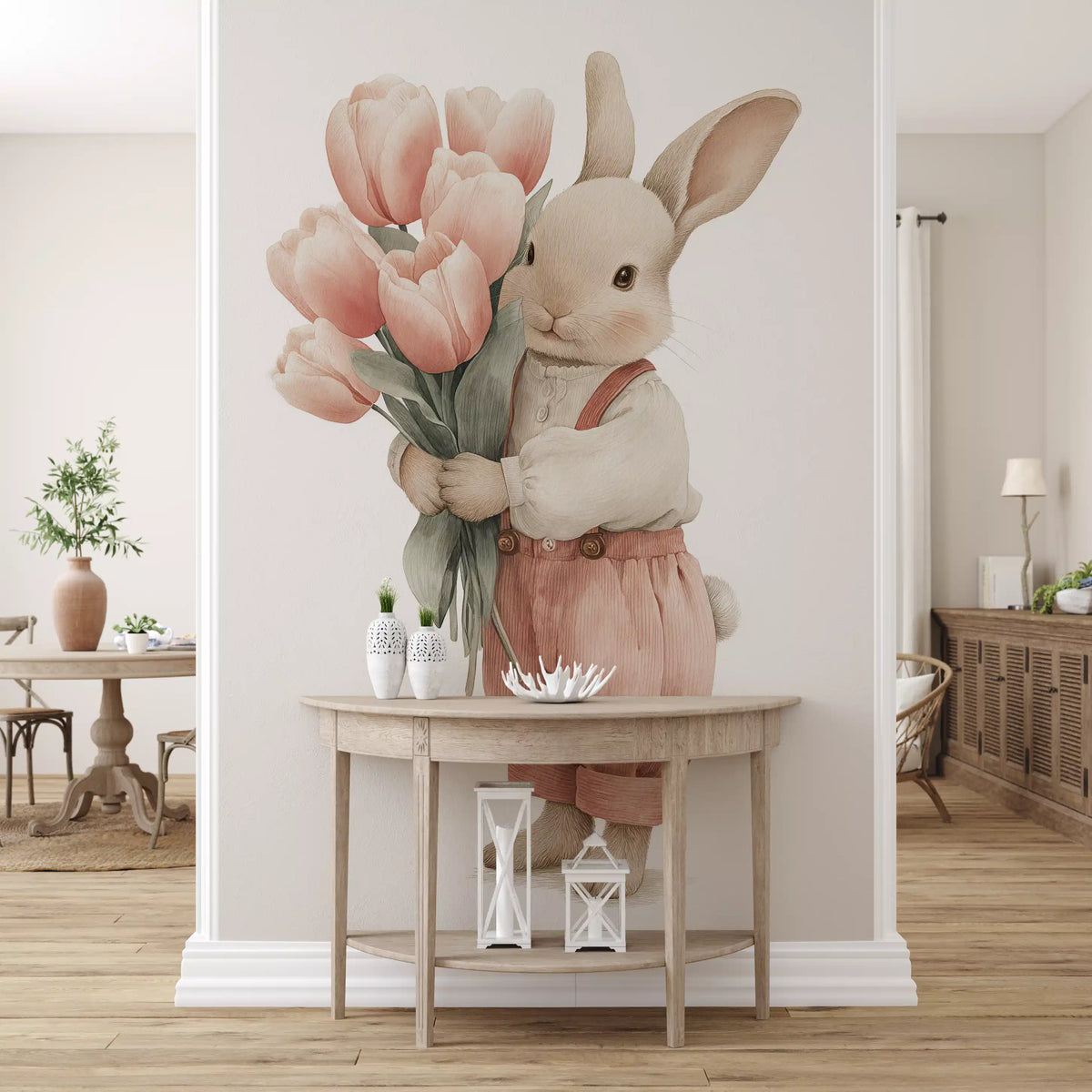 Bunny wallpaper mural behind a half moon console table with lanterns and a wooden floor GD13675