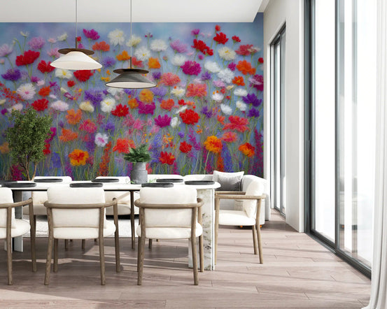 Floral wallpaper mural in a dining room with white chairs and black pendant lights GD13679
