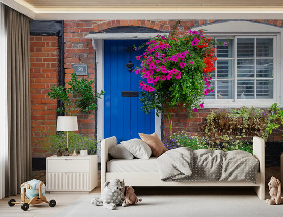 Floral wallpaper mural in a kids room with a white daybed and wooden toys GD13682