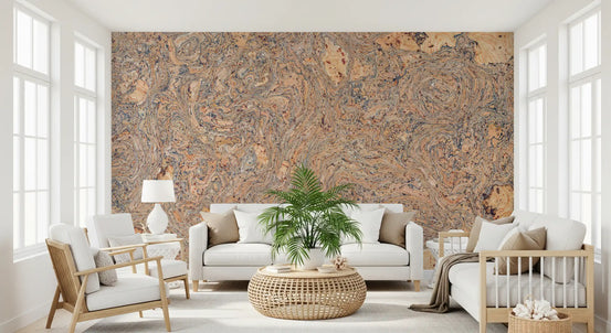 Cork wallpaper mural in a bright living room with white armchairs and a wicker side table GD13683