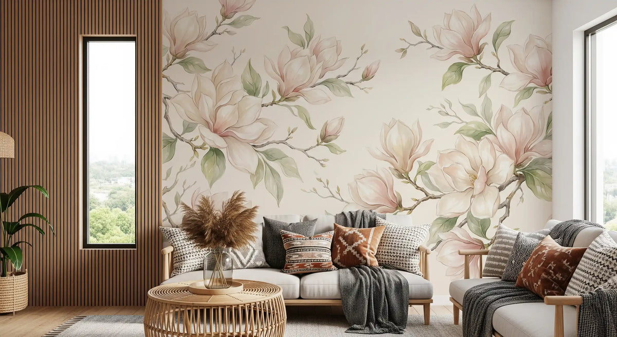 Soft Watercolor Magnolia Branches Wall Mural